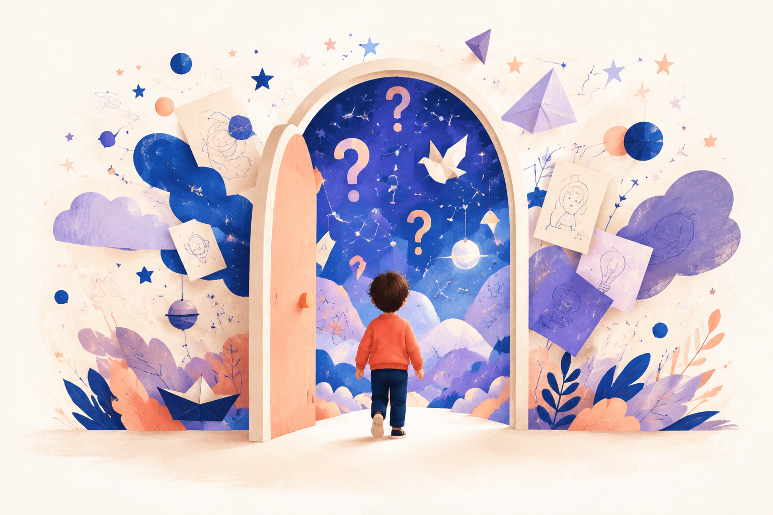 Ilustración de un niño ante una puerta abierta a un mundo de preguntas, dibujos e ideas en azul, lavanda y coral.